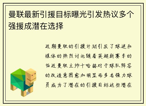 曼联最新引援目标曝光引发热议多个强援成潜在选择